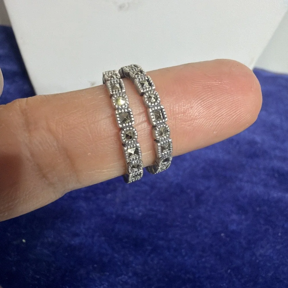 Vintage Sterling Silver 925 Marcasite Hoop Earrings Jewelry 4.5g